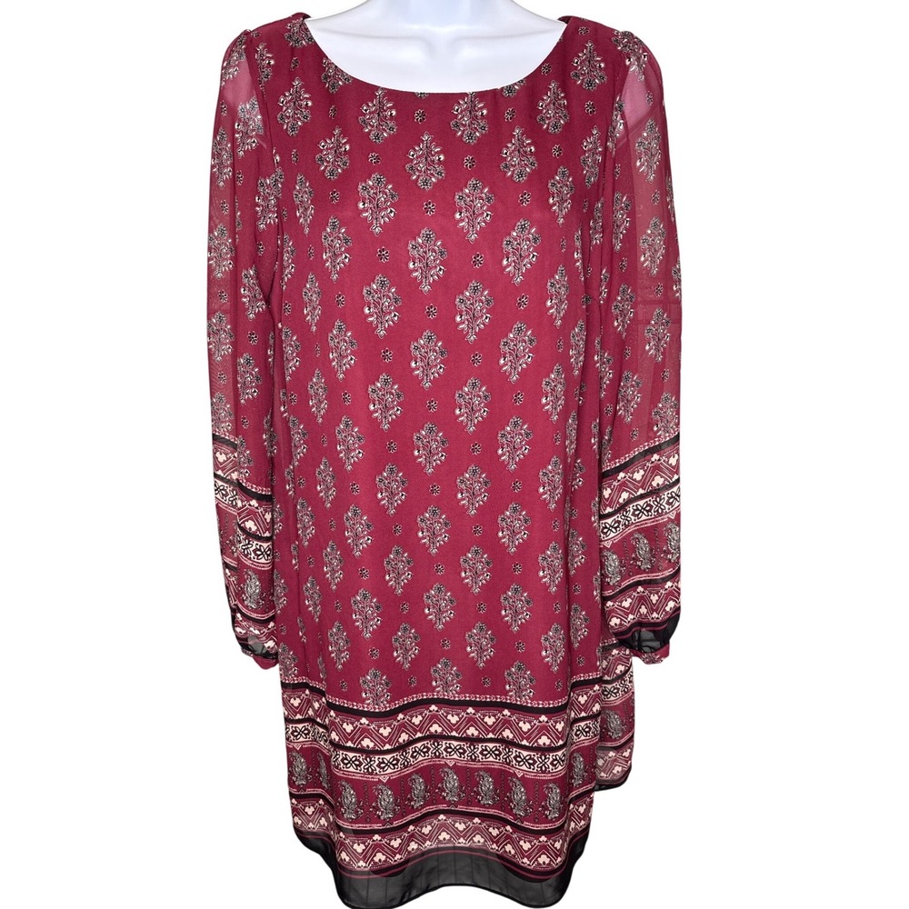 Atmosphere‎ Burgundy Floral Paisley Chiffon Shift Mini Dress Sz 6 Boho Festival